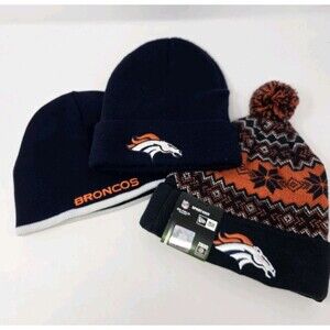 NFL DENVER BRONCOS BEANIE HAT BUNDLE LOT OF 3 BLUE & ORANGE UNISEX OS FOOTBALL